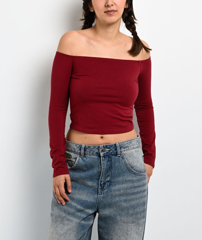 Freeworld Serenity Off Shoulder Pomegranate Red Long Sleeve Crop T-Shirt - Freeworld
