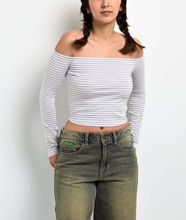 Freeworld Serenity Off Shoulder Grey & White Stripe Long Sleeve Crop T-Shirt - Freeworld
