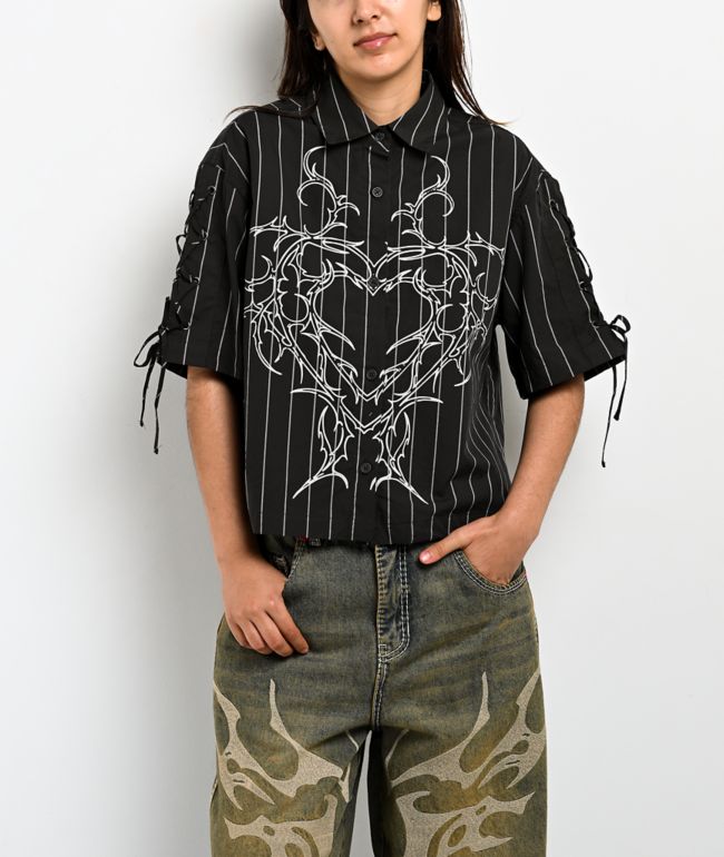 Vitriol Fallon Laced Grey Pinstripe Crop Button Up Shirt - Vitriol