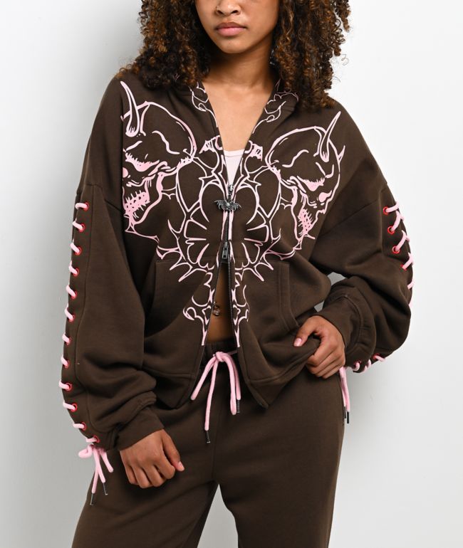 Vitriol Lenexa Lacing Brown & Pink Body Bag Zip Hoodie - Vitriol