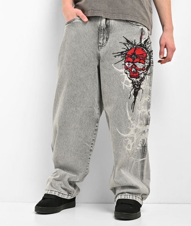Vitriol Void Cyber Skull Grey Wide Leg Jeans - Vitriol
