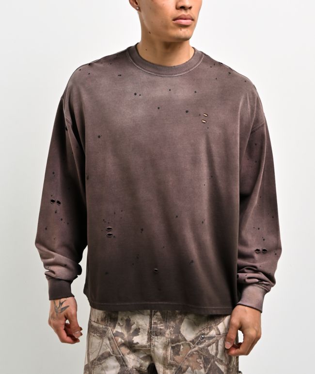 Ninth Hall Fundamentals Distressed Brown Wash Long Sleeve T-Shirt - Ninth Hall Fundamentals