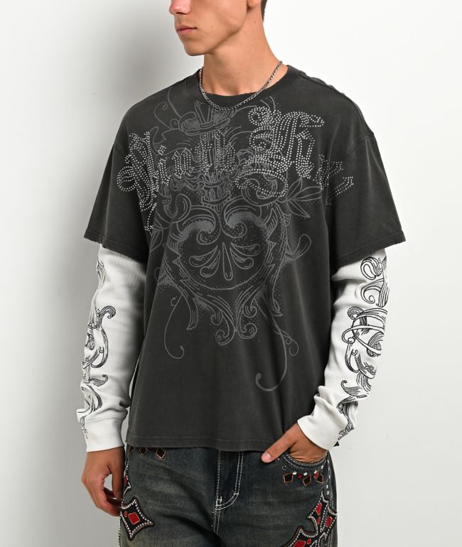 Ninth Hall All At Once Charcoal Wash & White 2fer Long Sleeve T-Shirt - Ninth Hall