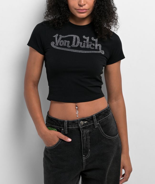 Von Dutch Rhinestone Black Crop T-Shirt - Von Dutch