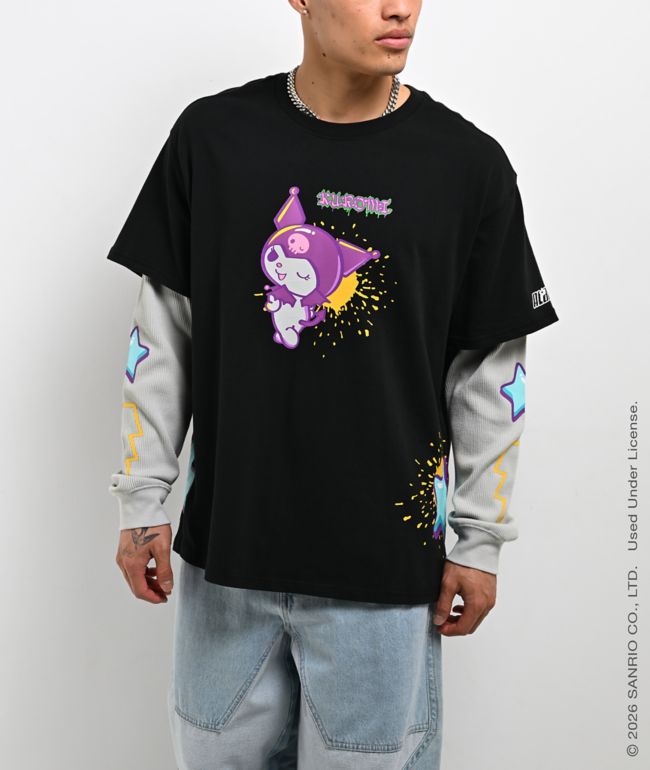 Hello Kitty® and Friends | A.LAB Kuromi™ Tokyo Skate Black & Grey 2fer Long Sleeve T-Shirt - Hello Kitty And Friends