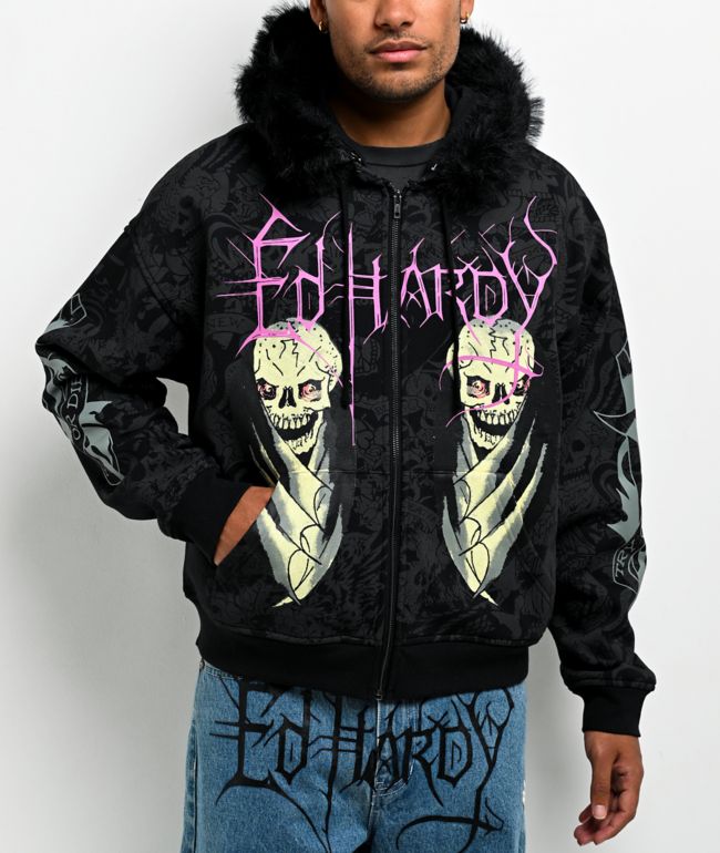 Ed Hardy Bat Skull Faux Fur Black Zip Hoodie - Ed Hardy