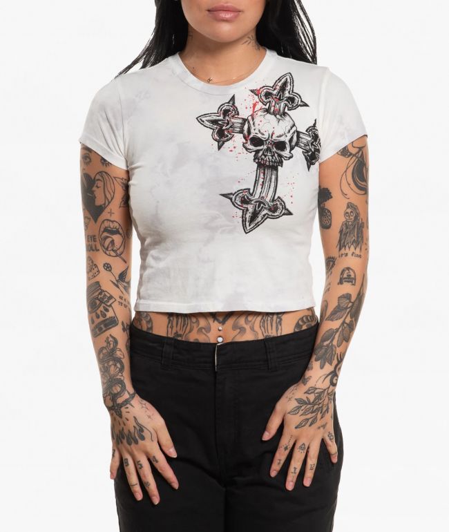 Affliction Cross White Tea Stain Wash Crop T-Shirt - Affliction