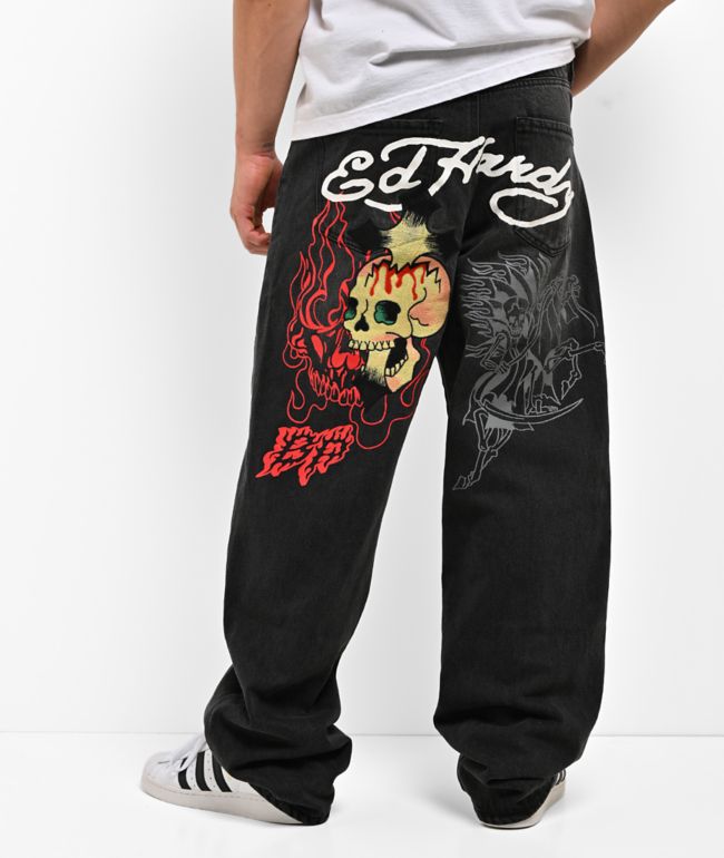 Ed Hardy x Broken Promises Forget You Black Baggy Jeans - Ed Hardy