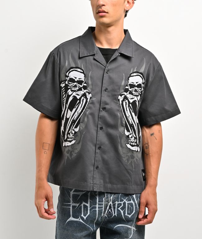 Ed Hardy Skeleton Charcoal Work Shirt - Ed Hardy