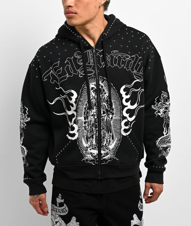 Ed Hardy Mary Dragon Studded Black Boxy Zip Hoodie - Ed Hardy