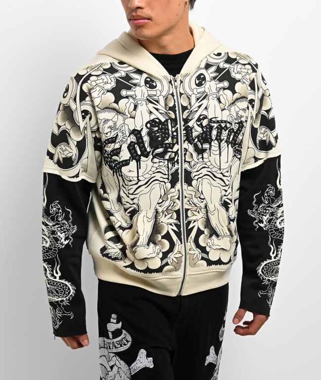 Ed Hardy Japan Lion 2fer Ivory & Black Boxy Zip Hoodie - Ed Hardy