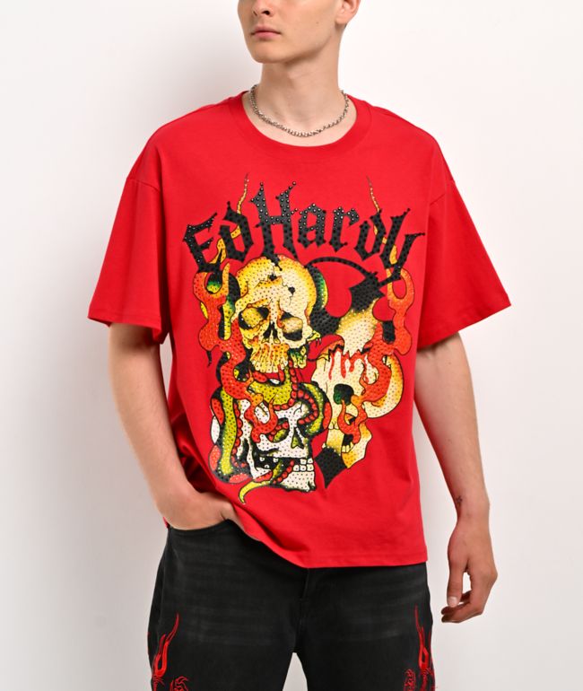 Ed Hardy Rhinestone Skulls Red T-Shirt - Ed Hardy