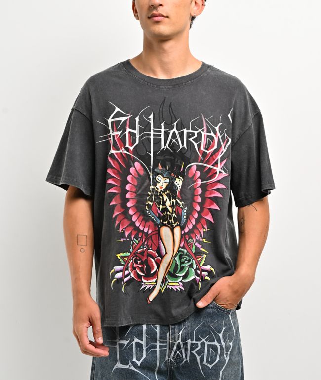 Ed Hardy Pinup Wing Black Wash T-Shirt - Ed Hardy