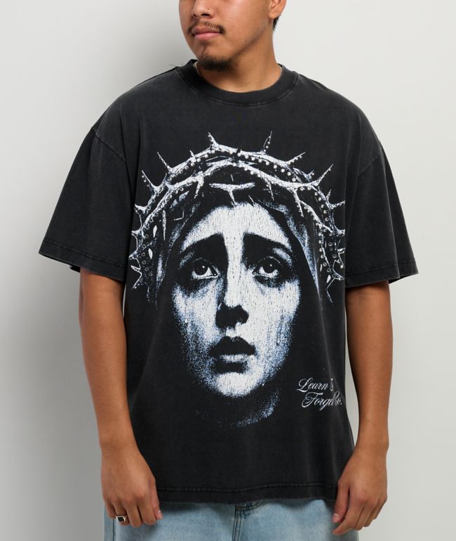 Learn To Forget Crown Of Tears Rhinestone Black Wash T-Shirt - LTF