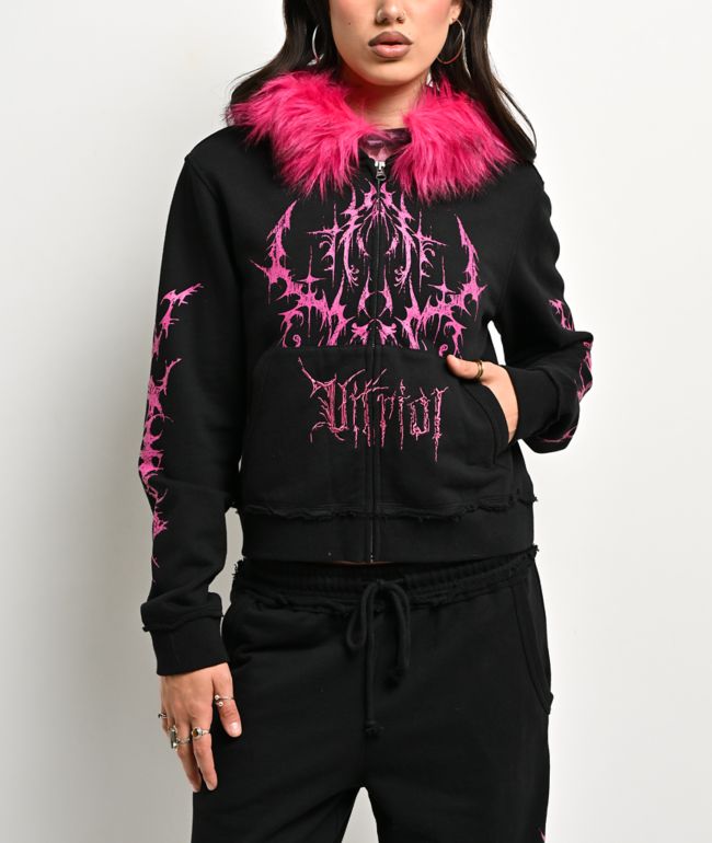 Vitriol Lilith Black Faux Fur Crop Zip Hoodie - Vitriol