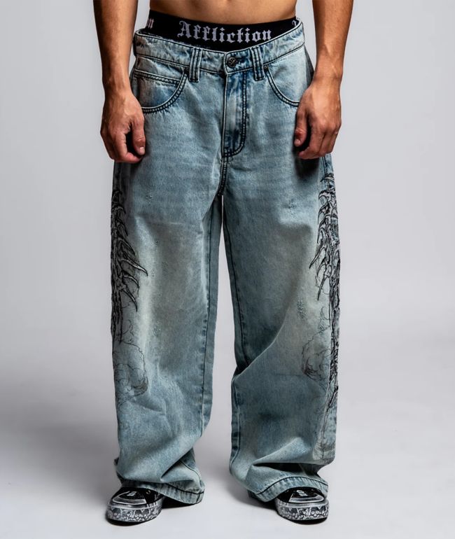 Affliction Skeleton Orion Wash Extra Wide Leg Jeans - Affliction
