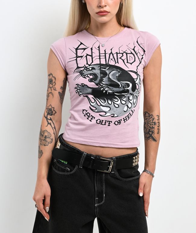Ed Hardy Hell Cat Dusty Rose T-Shirt - Ed Hardy