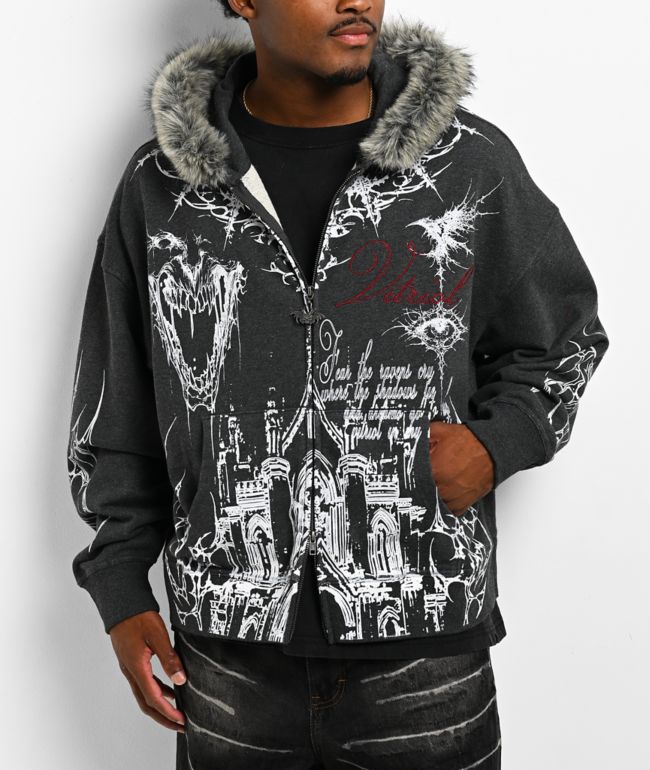 Vitriol Loose Tooth Faux Fur Charcoal Crop Zip Hoodie - Vitriol