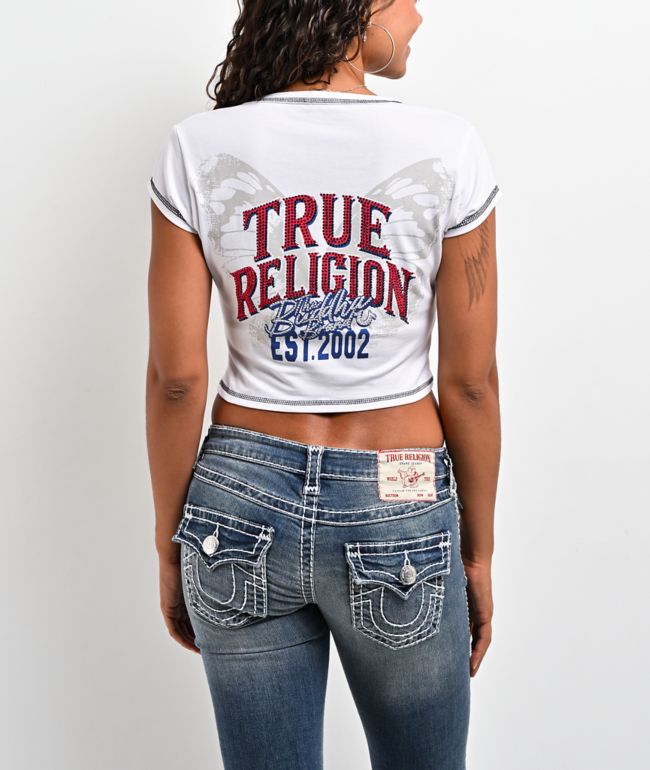 True Religion Crystal Wing Ribbed V Notch White Crop T-Shirt - True Religion