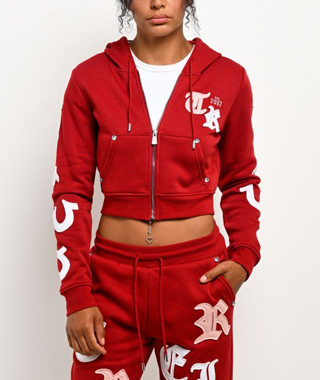True Religion Applique Shrunken Red Crop Zip Hoodie - True Religion
