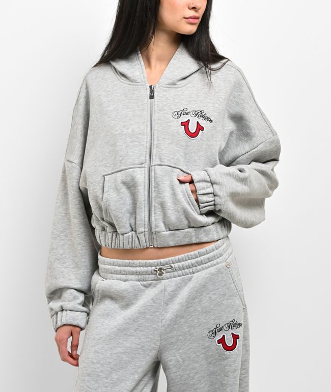 True Religion Applique Girlfriend Grey Crop Zip Hoodie - True Religion
