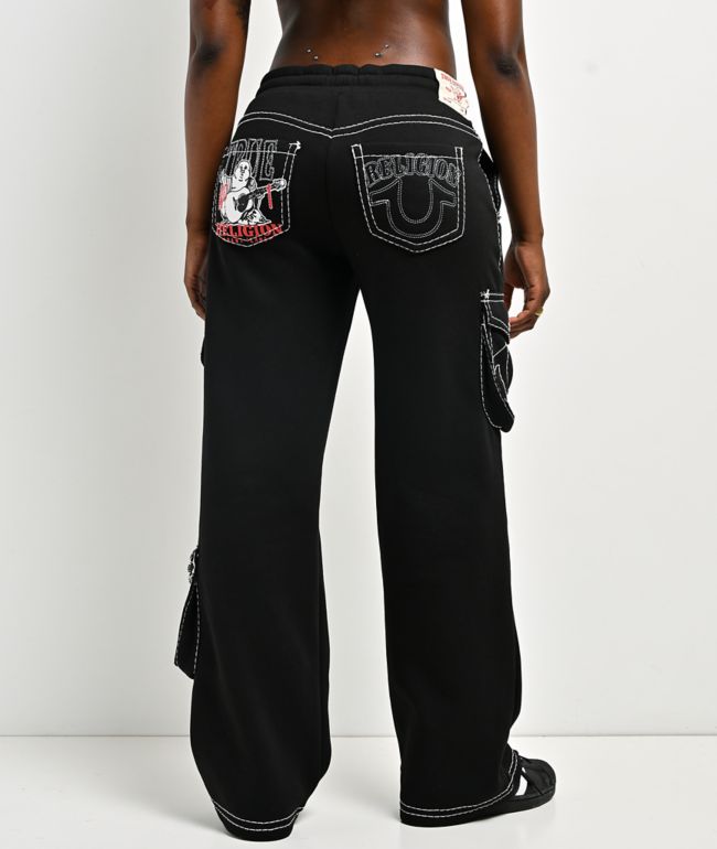 True Religion Buddha Black Contrast Stitch Cargo Sweatpants - True Religion