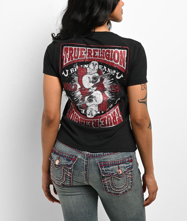 True Religion Crystal Buddha Rhinestone Black & Red T-Shirt - True Religion