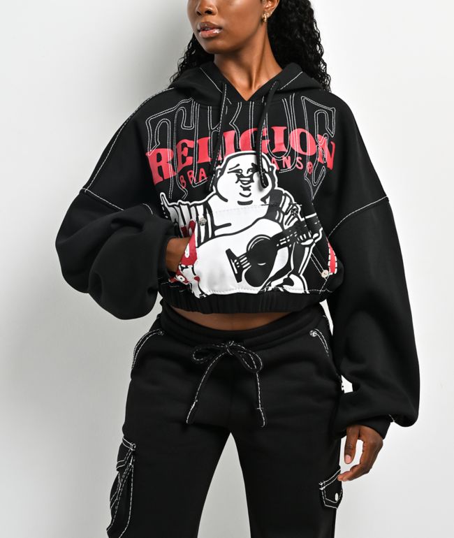 True Religion Buddha Black Contrast Stitch Crop Hoodie - True Religion
