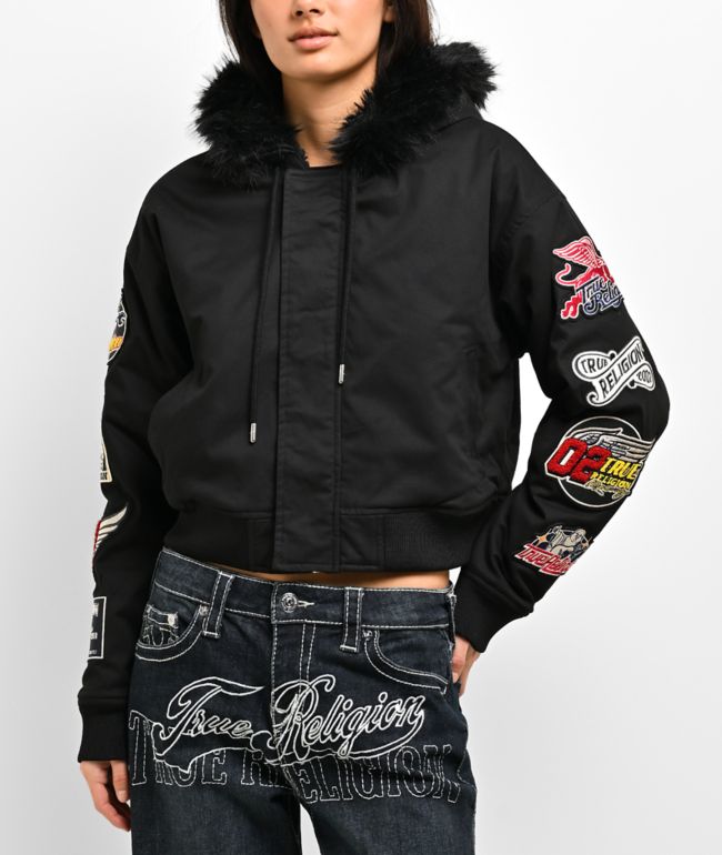 True Religion Sherpa Hood Faux Fur Black Jacket - True Religion