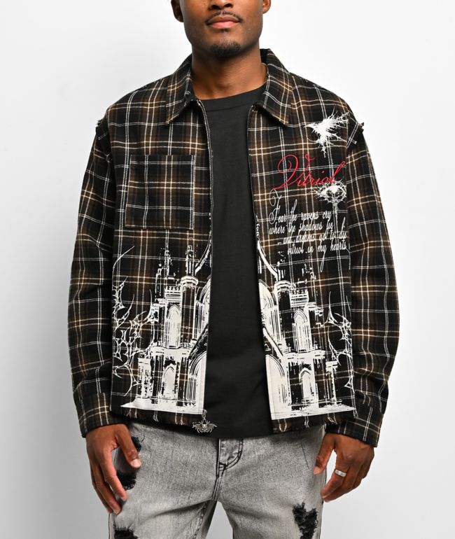 Vitriol Scorned Long Sleeve Black & Brown Flannel Crop Zip Shirt - Vitriol
