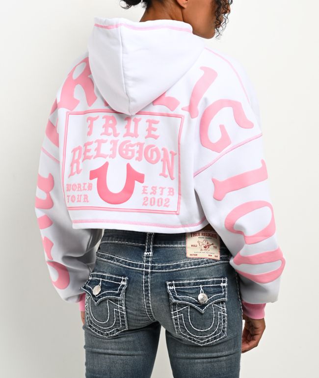 True Religion Relaxed White & Pink Crop Zip Hoodie - True Religion