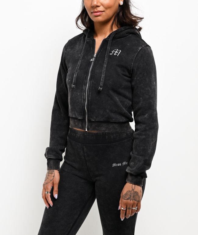Miss Me Washed Black Crop Zip Hoodie - Miss Me