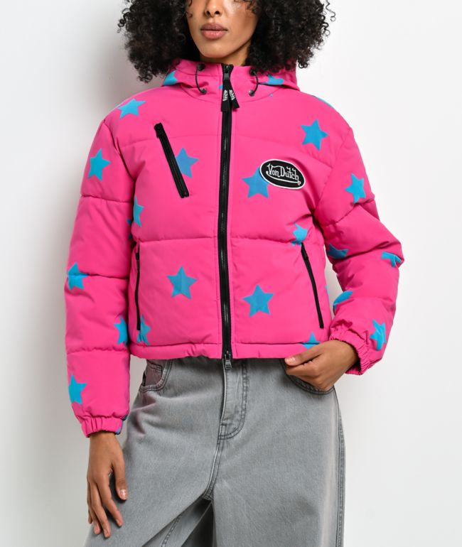 Von Dutch Star Pink & Black Crop Puffer Jacket - Von Dutch