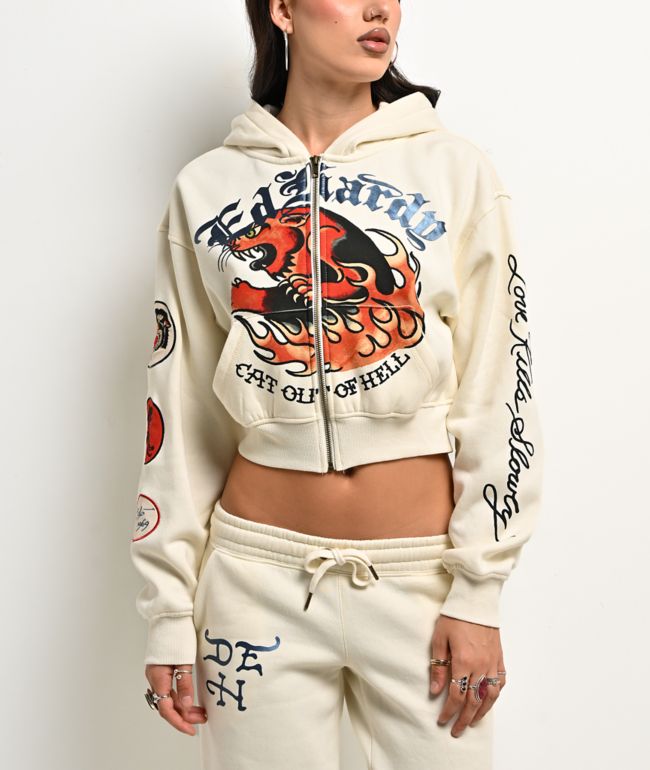 Ed Hardy Flames Cream Crop Zip Hoodie - Ed Hardy