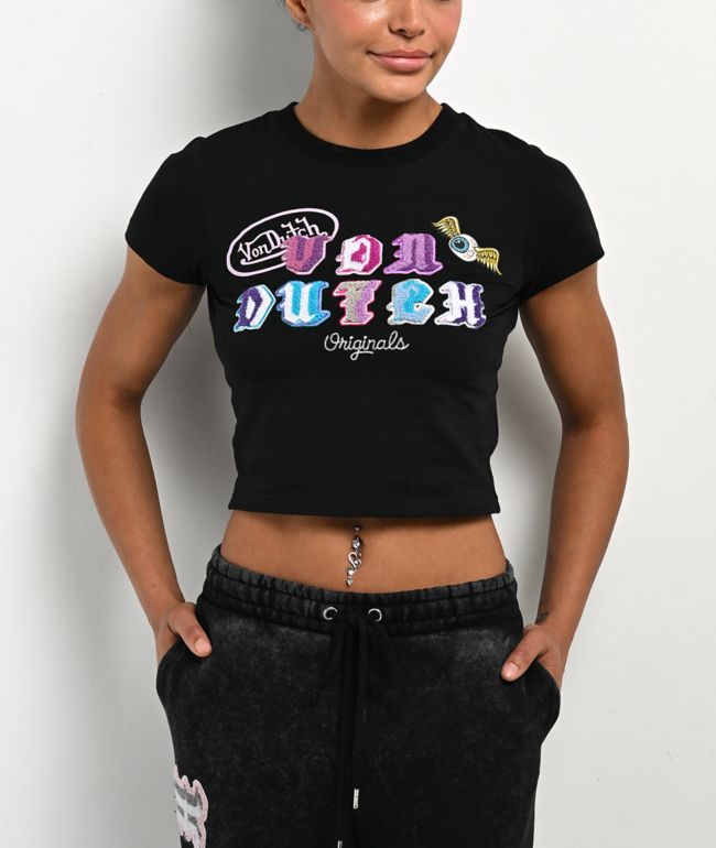 Von Dutch Chenille Black Crop T-Shirt - Von Dutch