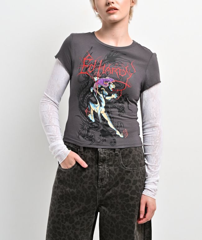 Ed Hardy Pantera Charcoal & White Lace 2fer Long Sleeve T-Shirt - Ed Hardy