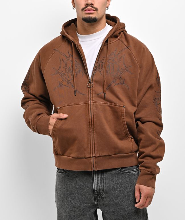 Welcome Grapple Brown Wash Crop Zip Hoodie - Welcome Skateboards