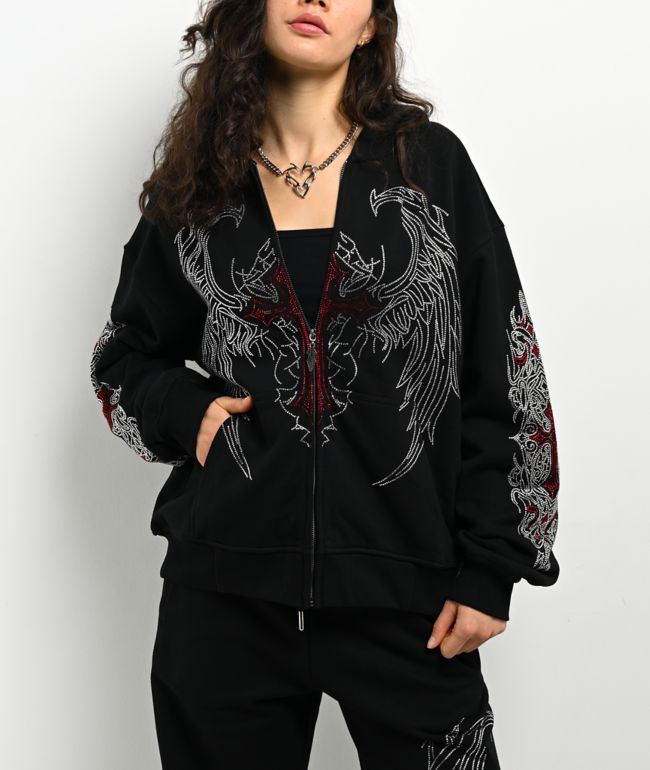Insomnia Visuals Winged Cross Rhinestone Black Zip Hoodie - Insomnia Visuals