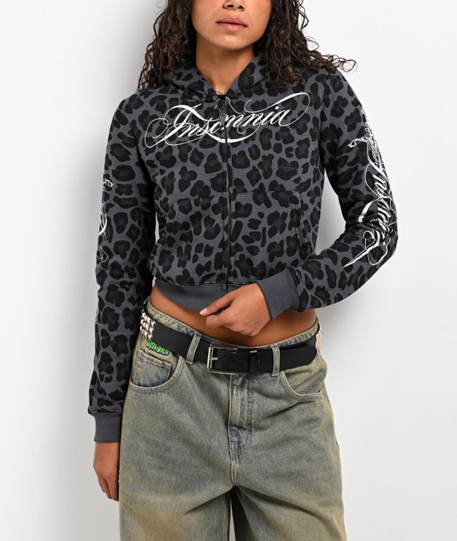 Insomnia Visuals Script Black Cheetah Crop Zip Hoodie - Insomnia Visuals