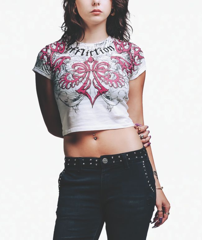 Affliction Skeleton Pink & White Crop T-Shirt - Affliction
