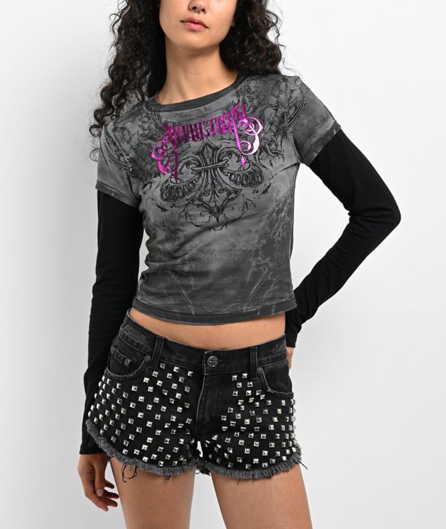 Affliction Vertibrate Tie Dye Grey & Black 2fer Long Sleeve Crop T-Shirt - Affliction