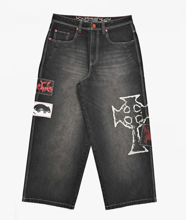 Vitriol Void Patched Black Wash Wide Leg Jeans - Vitriol