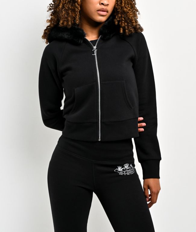 Juicy Couture Faux Fur Black Crop Zip Hoodie - Juicy Couture