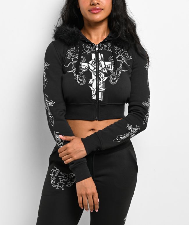 Ed Hardy Flame Cross Y2K Faux Fur Black Crop Zip Hoodie - Ed Hardy