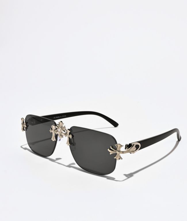Triple Cross Rimless Silver & Black Sunglasses - Ace Watches