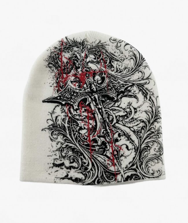 Insomnia Visuals Sigil Cross White Skully Beanie - Insomnia Visuals
