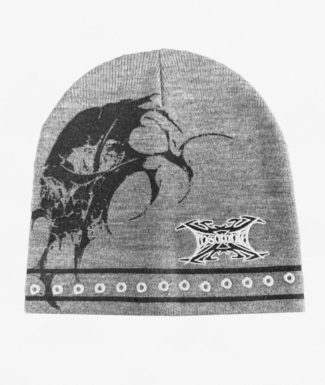 Insomnia Visuals Contrast Stitch Logo Grey Skully Beanie - Insomnia Visuals