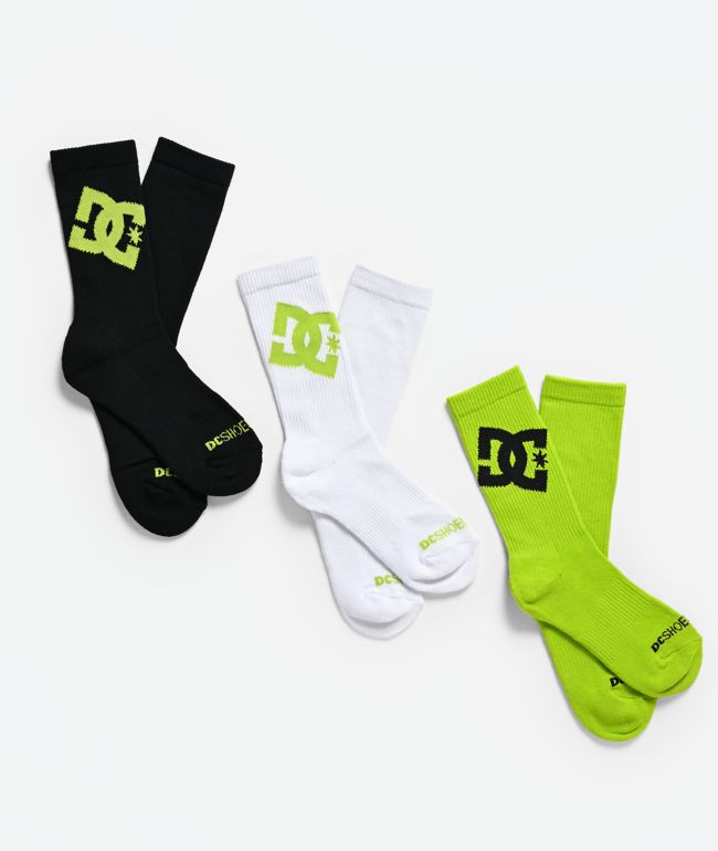 DC Graffik Logo 3 Pack Black, White & Green Crew Socks - DC