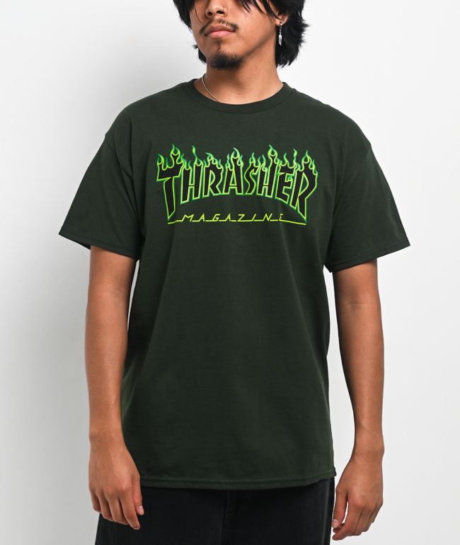 Thrasher Flame Logo Green T-Shirt - Thrasher