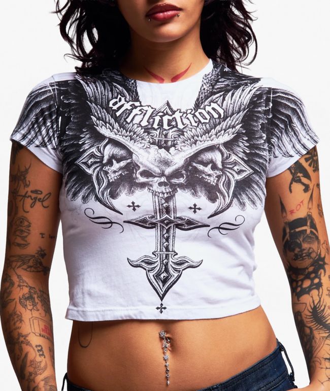 Affliction Death Eyes White Crop T-Shirt - Affliction